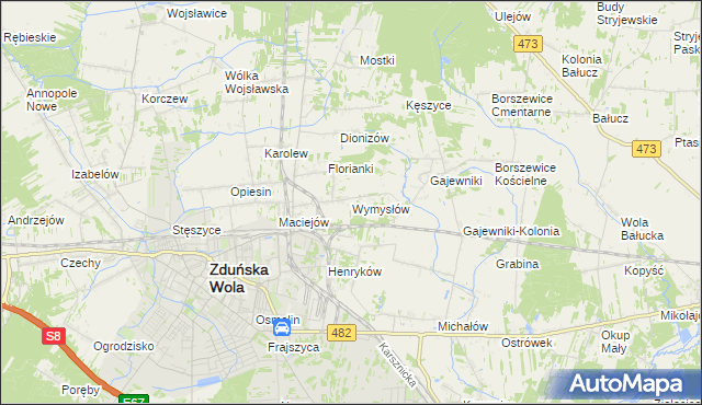 mapa Wymysłów gmina Zduńska Wola, Wymysłów gmina Zduńska Wola na mapie Targeo