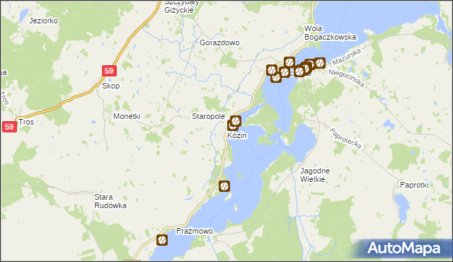 mapa Kozin gmina Giżycko, Kozin gmina Giżycko na mapie Targeo