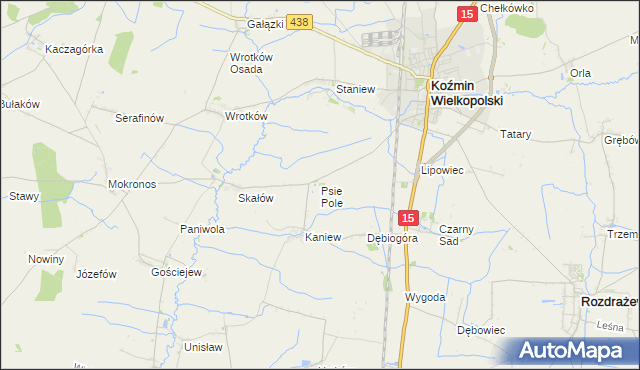 mapa Psie Pole gmina Koźmin Wielkopolski, Psie Pole gmina Koźmin Wielkopolski na mapie Targeo