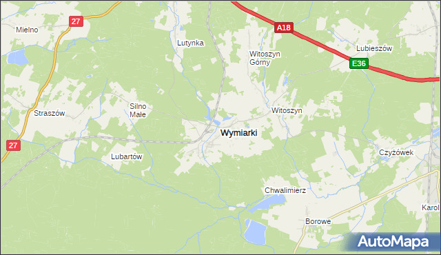 mapa Wymiarki powiat żagański, Wymiarki powiat żagański na mapie Targeo