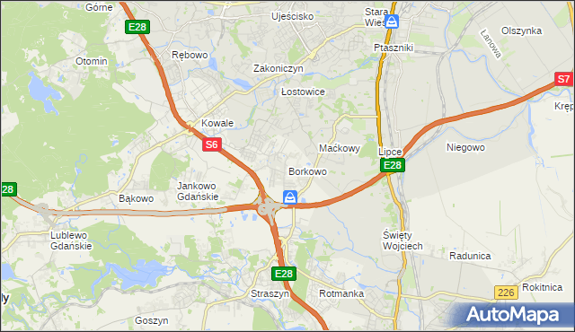 mapa Borkowo gmina Pruszcz Gdański, Borkowo gmina Pruszcz Gdański na mapie Targeo