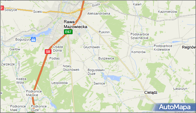 mapa Byszewice gmina Rawa Mazowiecka, Byszewice gmina Rawa Mazowiecka na mapie Targeo