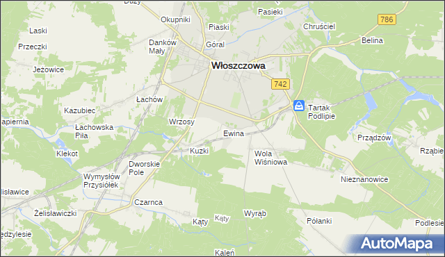 mapa Ewina gmina Włoszczowa, Ewina gmina Włoszczowa na mapie Targeo