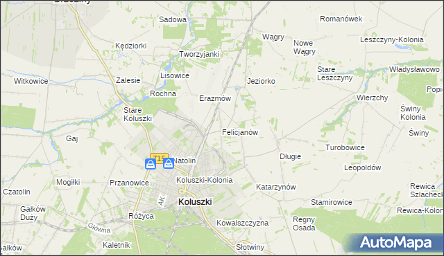 mapa Felicjanów gmina Koluszki, Felicjanów gmina Koluszki na mapie Targeo