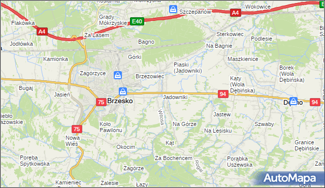 mapa Jadowniki gmina Brzesko, Jadowniki gmina Brzesko na mapie Targeo