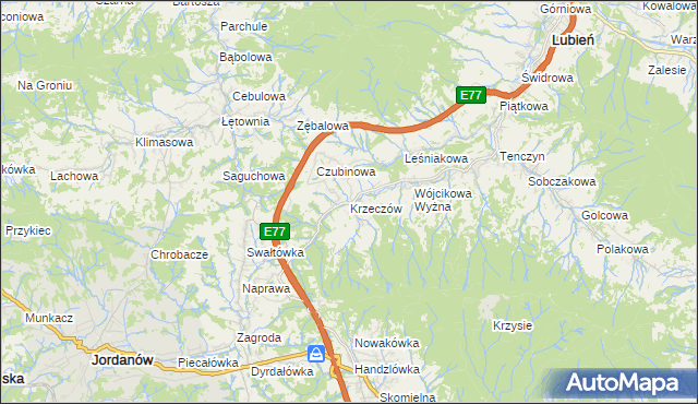 mapa Krzeczów gmina Lubień, Krzeczów gmina Lubień na mapie Targeo