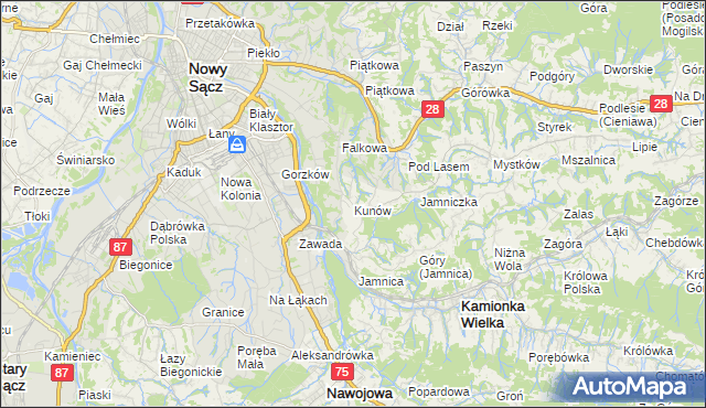 mapa Kunów gmina Chełmiec, Kunów gmina Chełmiec na mapie Targeo