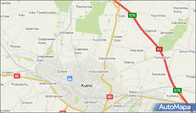 mapa Sieciechów gmina Kutno, Sieciechów gmina Kutno na mapie Targeo