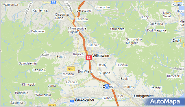 mapa Wilkowice powiat bielski, Wilkowice powiat bielski na mapie Targeo