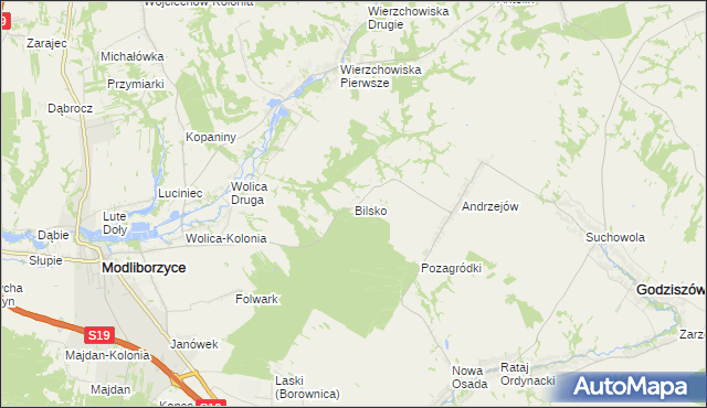 mapa Bilsko gmina Modliborzyce, Bilsko gmina Modliborzyce na mapie Targeo