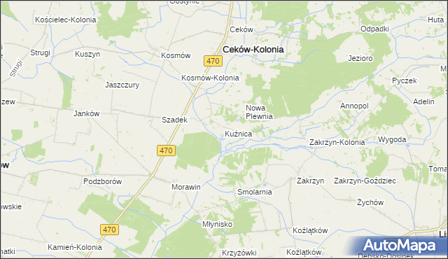 mapa Kuźnica gmina Ceków-Kolonia, Kuźnica gmina Ceków-Kolonia na mapie Targeo