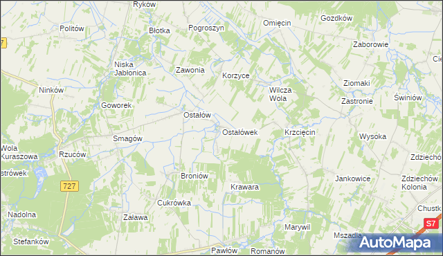 mapa Ostałówek gmina Chlewiska, Ostałówek gmina Chlewiska na mapie Targeo
