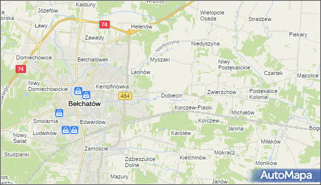 mapa Dobiecin gmina Bełchatów, Dobiecin gmina Bełchatów na mapie Targeo