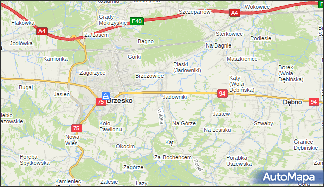 mapa Jadowniki gmina Brzesko, Jadowniki gmina Brzesko na mapie Targeo