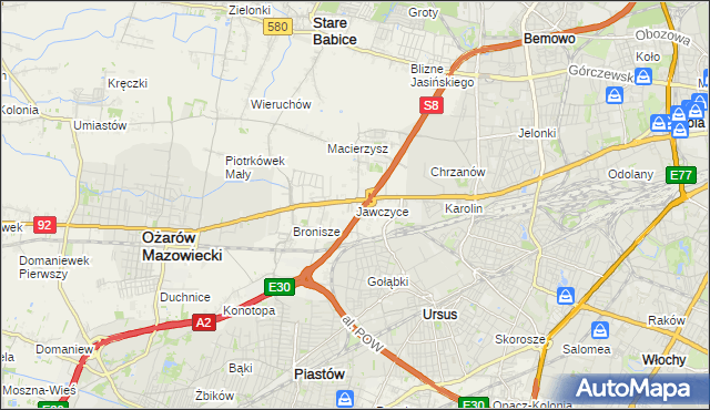 mapa Jawczyce gmina Ożarów Mazowiecki, Jawczyce gmina Ożarów Mazowiecki na mapie Targeo