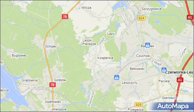 mapa Książenice gmina Czerwionka-Leszczyny, Książenice gmina Czerwionka-Leszczyny na mapie Targeo