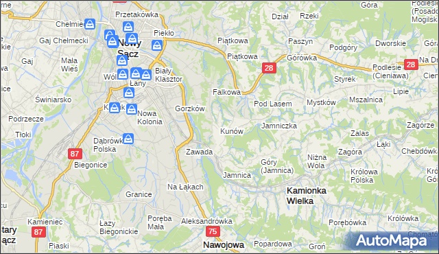 mapa Kunów gmina Chełmiec, Kunów gmina Chełmiec na mapie Targeo