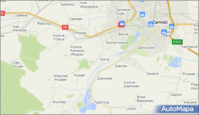 mapa Mokre gmina Zamość, Mokre gmina Zamość na mapie Targeo