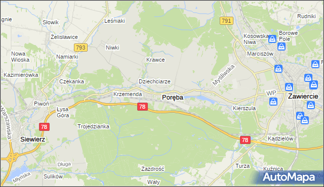 mapa Poręba powiat zawierciański, Poręba powiat zawierciański na mapie Targeo