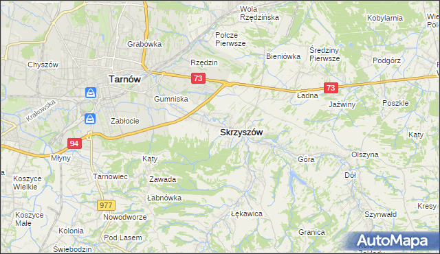mapa Skrzyszów powiat tarnowski, Skrzyszów powiat tarnowski na mapie Targeo