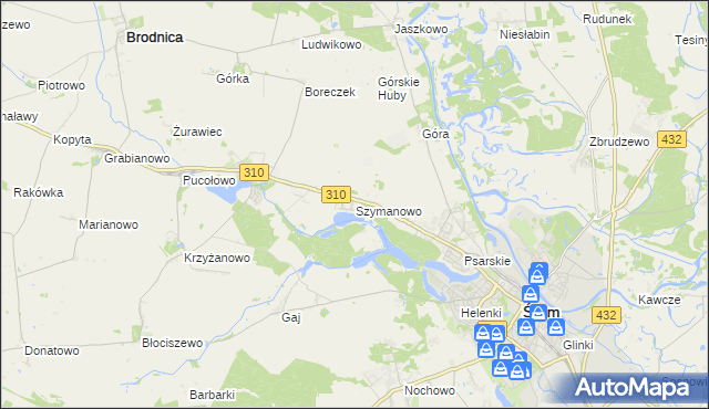 mapa Szymanowo gmina Śrem, Szymanowo gmina Śrem na mapie Targeo