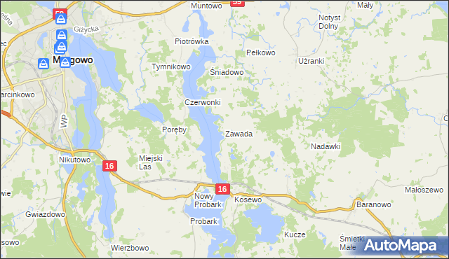 mapa Zawada gmina Mrągowo, Zawada gmina Mrągowo na mapie Targeo