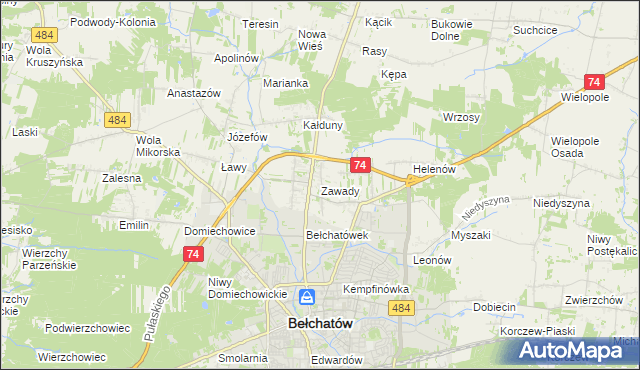 mapa Zawady gmina Bełchatów, Zawady gmina Bełchatów na mapie Targeo