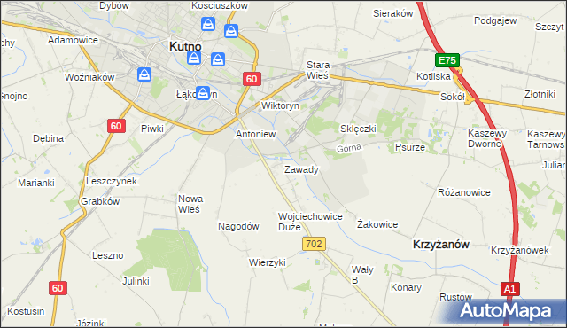 mapa Zawady gmina Krzyżanów, Zawady gmina Krzyżanów na mapie Targeo