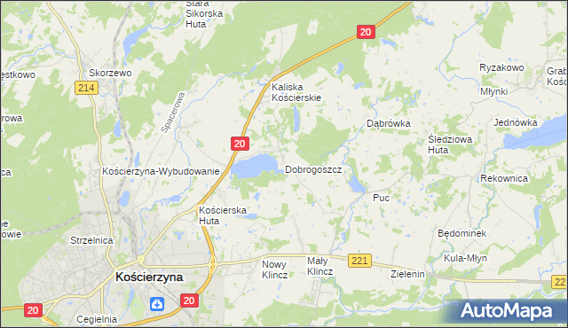 mapa Dobrogoszcz gmina Kościerzyna, Dobrogoszcz gmina Kościerzyna na mapie Targeo