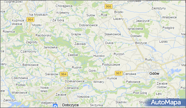 mapa Hucisko gmina Gdów, Hucisko gmina Gdów na mapie Targeo