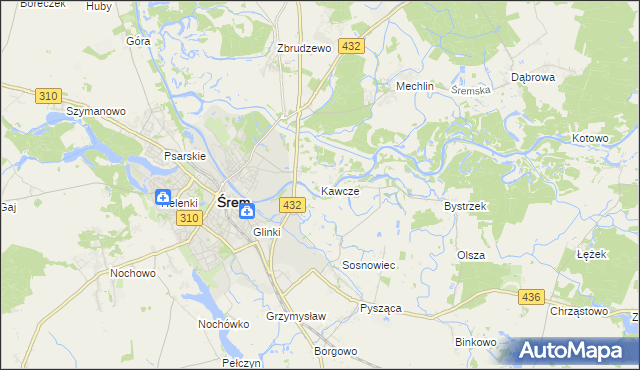 mapa Kawcze gmina Śrem, Kawcze gmina Śrem na mapie Targeo