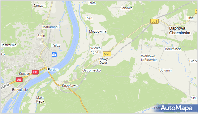 mapa Nowy Dwór gmina Dąbrowa Chełmińska, Nowy Dwór gmina Dąbrowa Chełmińska na mapie Targeo