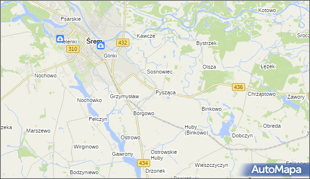 mapa Pysząca gmina Śrem, Pysząca gmina Śrem na mapie Targeo