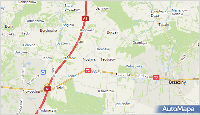 mapa Teodorów gmina Brzeziny, Teodorów gmina Brzeziny na mapie Targeo