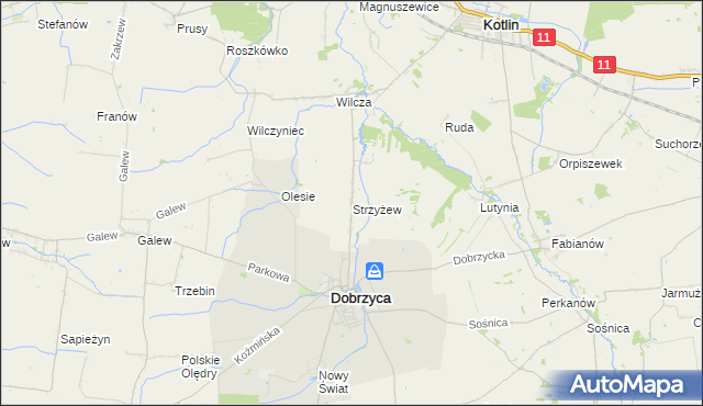 mapa Strzyżew gmina Dobrzyca, Strzyżew gmina Dobrzyca na mapie Targeo