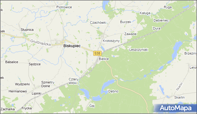 mapa Bielice gmina Biskupiec, Bielice gmina Biskupiec na mapie Targeo