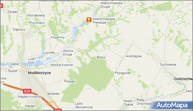 mapa Bilsko gmina Modliborzyce, Bilsko gmina Modliborzyce na mapie Targeo
