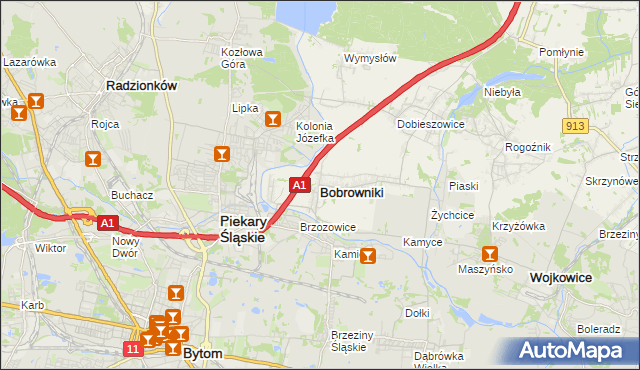 mapa Bobrowniki powiat będziński, Bobrowniki powiat będziński na mapie Targeo