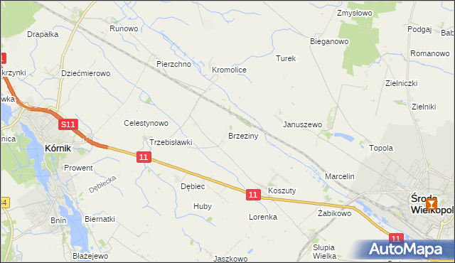 mapa Brzeziny gmina Środa Wielkopolska, Brzeziny gmina Środa Wielkopolska na mapie Targeo