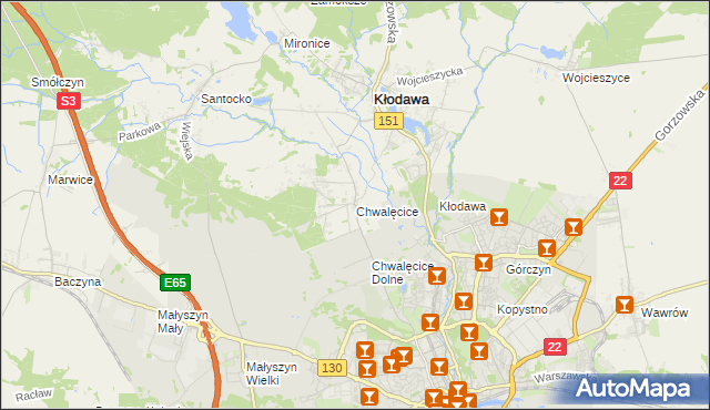 mapa Chwalęcice gmina Kłodawa, Chwalęcice gmina Kłodawa na mapie Targeo
