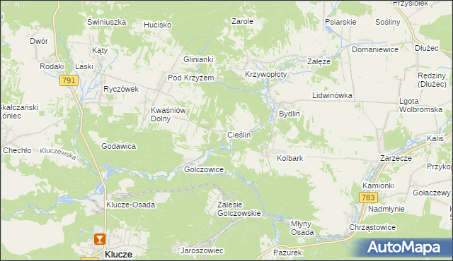 mapa Cieślin gmina Klucze, Cieślin gmina Klucze na mapie Targeo