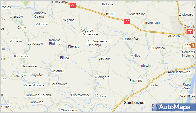 mapa Dębiany gmina Obrazów, Dębiany gmina Obrazów na mapie Targeo