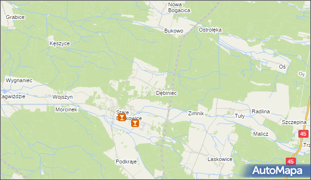 mapa Dębiniec gmina Murów, Dębiniec gmina Murów na mapie Targeo