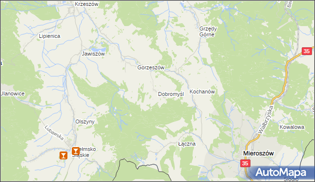 mapa Dobromyśl gmina Kamienna Góra, Dobromyśl gmina Kamienna Góra na mapie Targeo