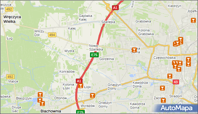 mapa Gorzelnia gmina Blachownia, Gorzelnia gmina Blachownia na mapie Targeo