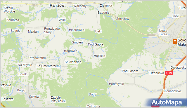 mapa Hucisko gmina Głogów Małopolski, Hucisko gmina Głogów Małopolski na mapie Targeo