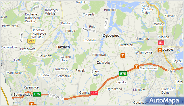 mapa Kostkowice gmina Dębowiec, Kostkowice gmina Dębowiec na mapie Targeo