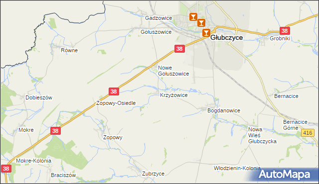 mapa Krzyżowice gmina Głubczyce, Krzyżowice gmina Głubczyce na mapie Targeo