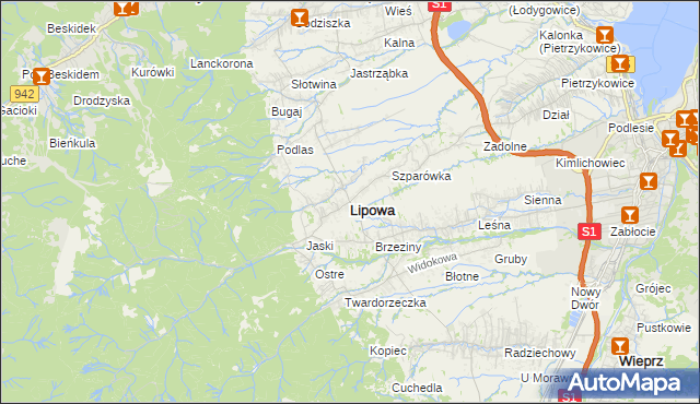 mapa Lipowa powiat żywiecki, Lipowa powiat żywiecki na mapie Targeo