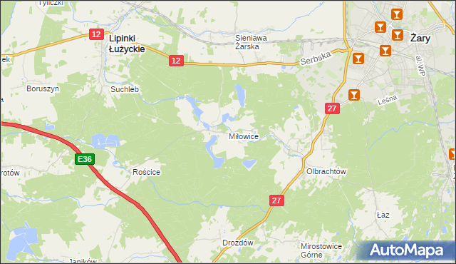 mapa Miłowice gmina Żary, Miłowice gmina Żary na mapie Targeo